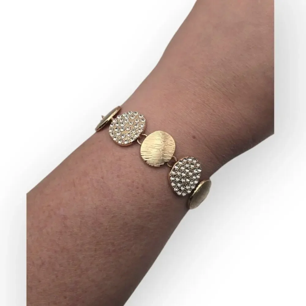 Gold Disc Bracelet with Pavé Rhinestone Stations – Textured Modern Chic